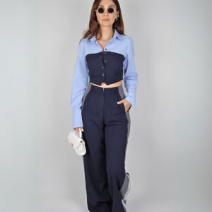 Şerit Detaylı Palazzo Pantolon- Lacivert