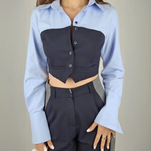 Şerit Detaylı Crop Gömlek- Lacivert