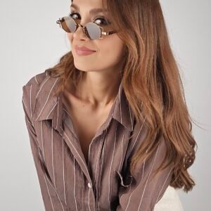 Beyaz Çizgili Kahverengi Oversize Gömlek