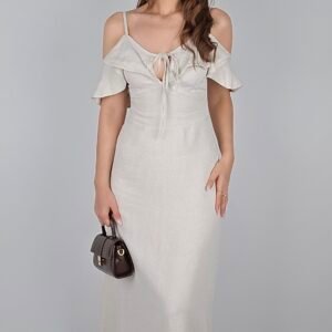 Fırfırlı Kayık Yaka Keten Elbise