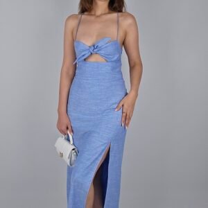 İnce Askılı -Yırtmaç Detaylı Elbise -Mavi