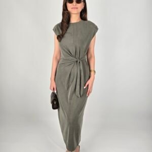 Bağlamalı -Vatkalı Tensel Elbise - Haki