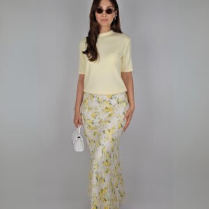 Çiçek Desenli Saten Etek - Sarı