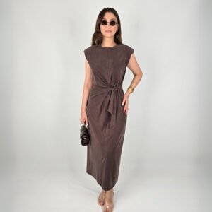 Bağlamalı-Vatkalı Tensel Elbise - Kahverengi