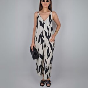 Desenli Bağlamalı Tulum- Siyah Beyaz