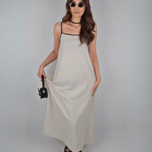 Şerit Detay Keten Maxi Elbise